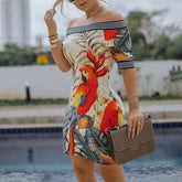 Off the shoulder bodycon dress Floral printed short sleeve sheath dresses Elegant summer flower party dress vestidos mujer
